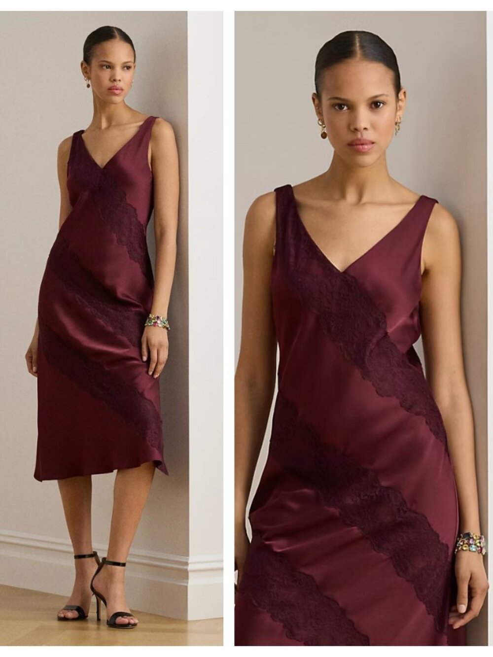Lauren Ralph Lauren Lace-Trim Charmeuse Cocktail Midi Dress